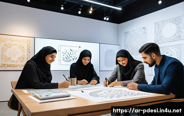 제품디자인 국제 공모전 준비 방법 - A modern product design studio scene showcasing a diverse team of Middle Eastern designers analyzing...