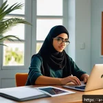 제품디자인 자격증 준비 일정 관리법 - A modern Arab student studying product design in a cozy, well-lit home office decorated with Arabic ...